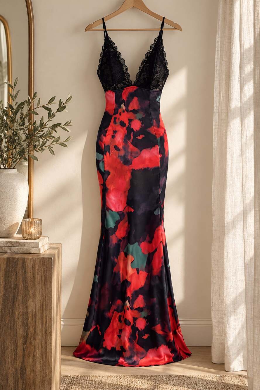 Backless Spaghetti Strap Maxi Dress Red Satin Tie Dye Bodycon Dress